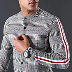 Coupon 👏 Chemise Manches Longues Avec Bandes Col Mao T555 Noir Blanc Rouge de Uniplay ⌛ -Uniplay Soldes uniplay 159457 FAB UP T555 CARREAUX GREY TPDT 20210526T082100 06