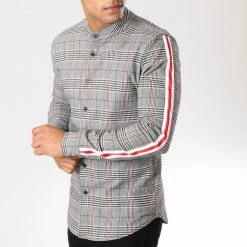 Coupon 👏 Chemise Manches Longues Avec Bandes Col Mao T555 Noir Blanc Rouge de Uniplay ⌛