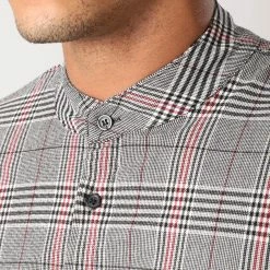 Coupon 👏 Chemise Manches Longues Avec Bandes Col Mao T555 Noir Blanc Rouge de Uniplay ⌛ -Uniplay Soldes uniplay 159457 UP T555 CARREAUX GREY 20181025T140443 03