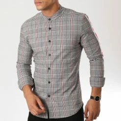 Coupon 👏 Chemise Manches Longues Avec Bandes Col Mao T555 Noir Blanc Rouge de Uniplay ⌛ -Uniplay Soldes uniplay 159457 UP T555 CARREAUX GREY 20181025T140444 04