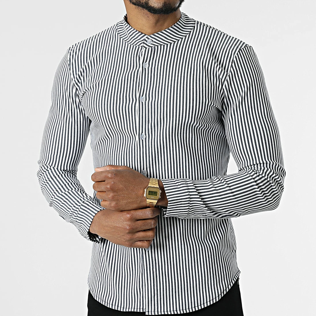 Le moins cher 😉 Chemise Manches Longues A Rayures Col Mao UP-C111 Bleu Marine Blanc de Uniplay 🔥 5 Le moins cher 😉 Chemise Manches Longues A Rayures Col Mao UP-C111 Bleu Marine Blanc de Uniplay 🔥 – Image 3