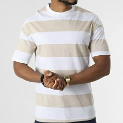 Sortie 🥰 Tee 👕 Shirt A Rayures T21287 Beige Blanc de Uniplay ⌛ -Uniplay Soldes uniplay 313258 T21287 BEIGE 20220407T162650 03