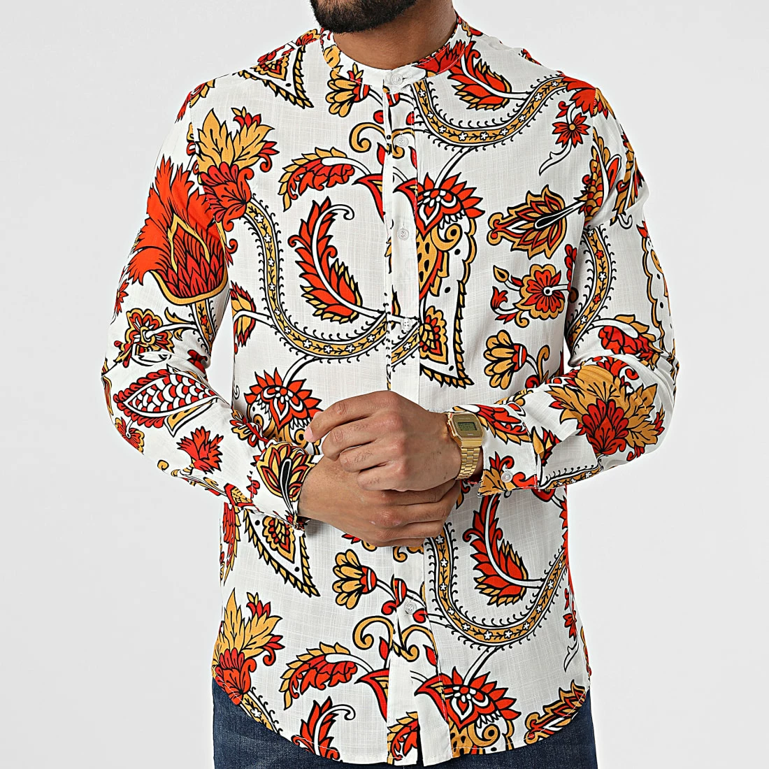 Sortie 😍 Chemise Manches Longues Col Mao Floral UY840 Blanc Rouge Jaune de Uniplay 🎉 5 Sortie 😍 Chemise Manches Longues Col Mao Floral UY840 Blanc Rouge Jaune de Uniplay 🎉 – Image 3