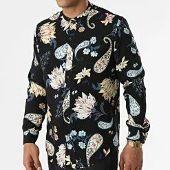 Bon marché 😉 Chemise Manches Longues Col Mao Floral UY839 Noir de Uniplay 🌟