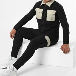Meilleure affaire 🎉 Ensemble Veste Zippée Pantalon Jogging UP-ES-86 Noir Beige de Uniplay 🎉