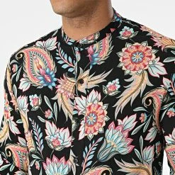 Grosses soldes 😀 Chemise Manches Longues Col Mao Floral UY837 Noir de Uniplay 🧨 -Uniplay Soldes uniplay 316822 UY837 BLACK 20220503T151951 02