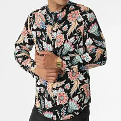 Grosses soldes 😀 Chemise Manches Longues Col Mao Floral UY837 Noir de Uniplay 🧨 -Uniplay Soldes uniplay 316822 UY837 BLACK 20220503T151957 03