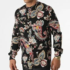 Acheter 🌟 Chemise Manches Longues Col Mao Floral UY843 Noir de Uniplay 🛒