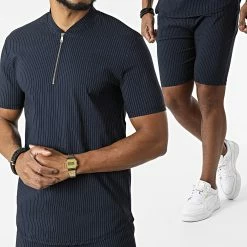 Vente flash 😀 Ensemble Tee 👚 Shirt Col Zippé Et Short A Rayures UY847 Bleu Marine de Uniplay 👍
