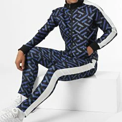 Grosses soldes 🛒 Ensemble Veste Zippée Et Pantalon Jogging A Bandes UP-ES-88 Noir Bleu Marine de Uniplay ❤️