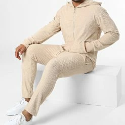 Le moins cher 👏 Ensemble Sweat Zippé Capuche Et Pantalon Jogging SH-42 Beige de Uniplay 🥰