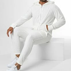 Remise 🔔 Ensemble Sweat Zippé Capuche Et Pantalon Jogging SH-42 Blanc de Uniplay 😍