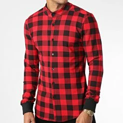 Nouveau 🤩 Chemise Manches Longues Col Mao UP-C162 Carreaux Rouge Noir de Uniplay 🔥 -Uniplay Soldes uniplay 345190 UP C162 RED 20221027T151256 03