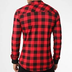 Nouveau 🤩 Chemise Manches Longues Col Mao UP-C162 Carreaux Rouge Noir de Uniplay 🔥 -Uniplay Soldes uniplay 345190 UP C162 RED 20221027T151258 04